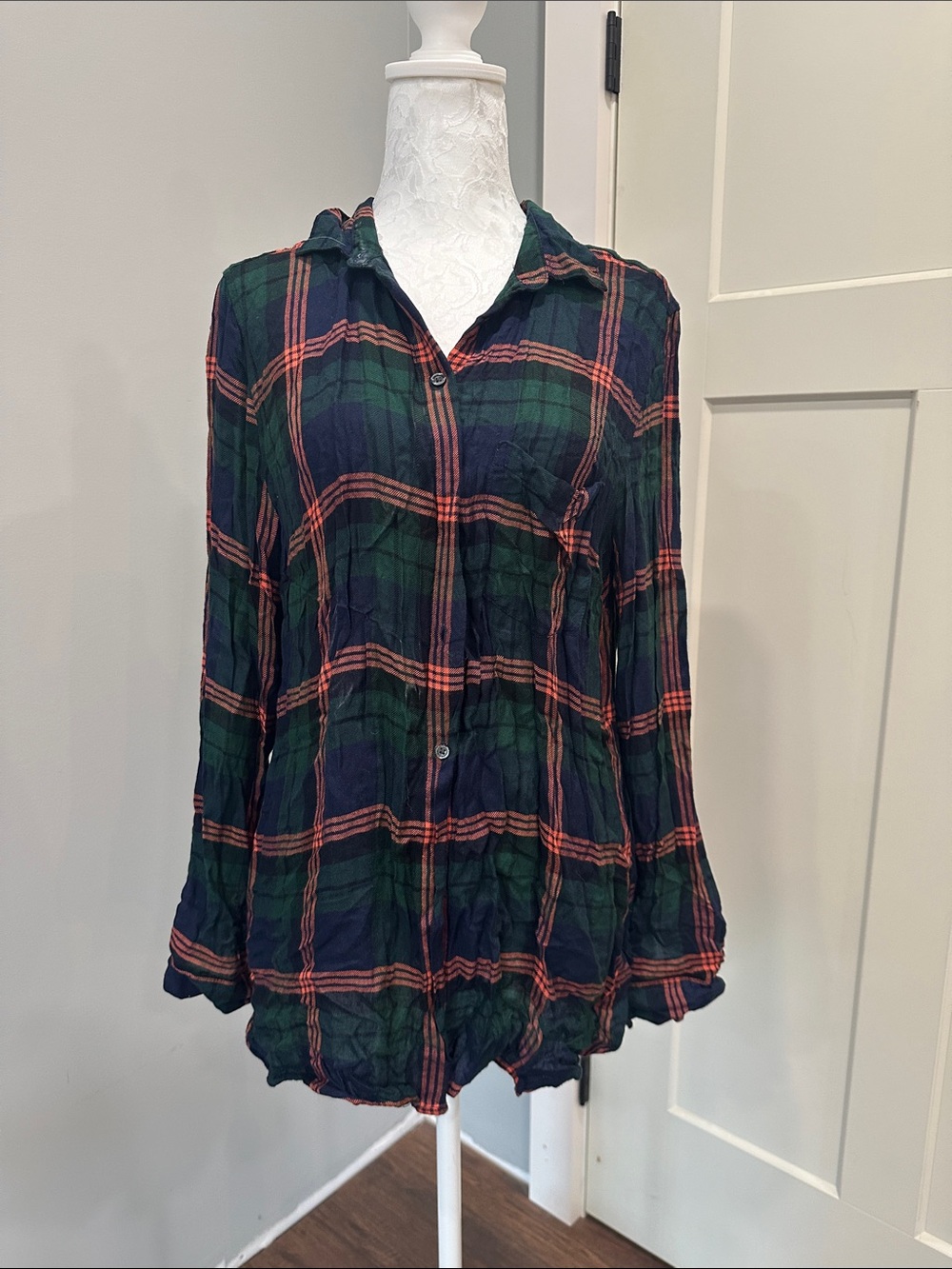 Old Navy Navy, Green, and Rust Plaid Button-Down Shirt